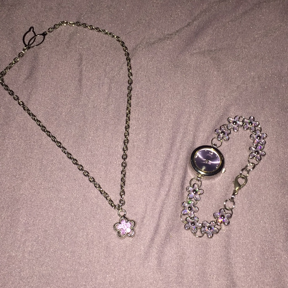 Lavender flower necklace and watch